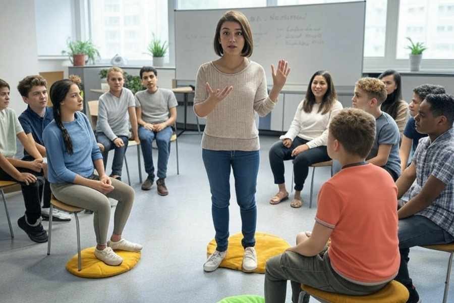 Roda de conversa em uma sala de aula com alunos adolescentes sentados em círculo e a professora ao centro dialogando.