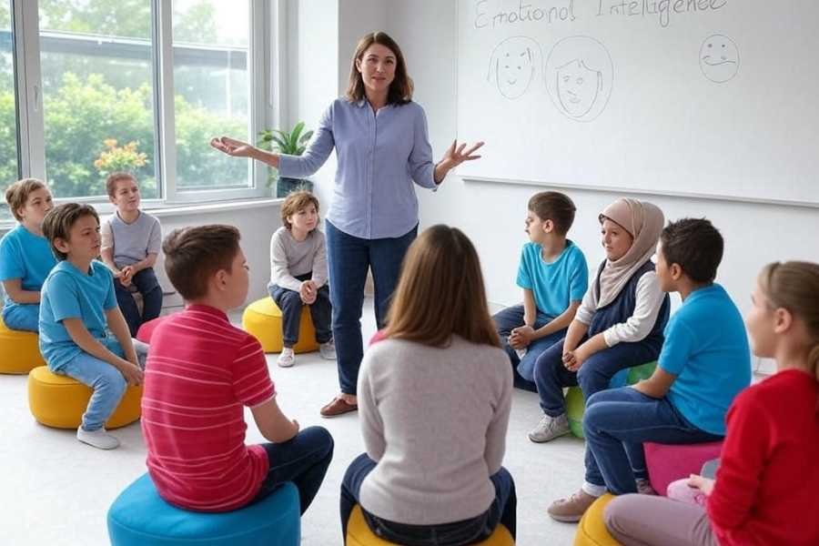 Roda de conversa na sala de aula com alunos sentados em círculo e a professora ao centro.