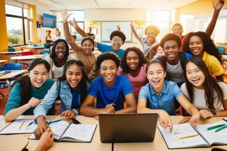 Uma cena dinâmica e vibrante retratando o impacto de metodologias de aprendizagem ativa no desempenho e motivação dos alunos. Em primeiro plano, um grupo diverso de alunos colaborando entusiasticamente, seus rostos expressando alegria e engajamento. O meio termo apresenta uma sala de aula moderna e bem equipada com assentos flexíveis e tecnologia integrada, criando um ambiente de aprendizagem inovador. No fundo, uma representação abstrata de habilidades socioemocionais, visualizadas por meio de uma variedade de formas e símbolos coloridos. Uma iluminação natural e quente banha a cena, transmitindo uma sensação de calor e produtividade. Capturada por uma lente grande angular, a composição convida o espectador a mergulhar nessa experiência educacional dinâmica e centrada no aluno