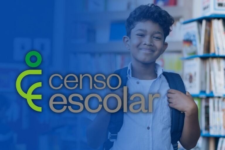 Foto de um menino na escola e a logo do Censo Escolar.