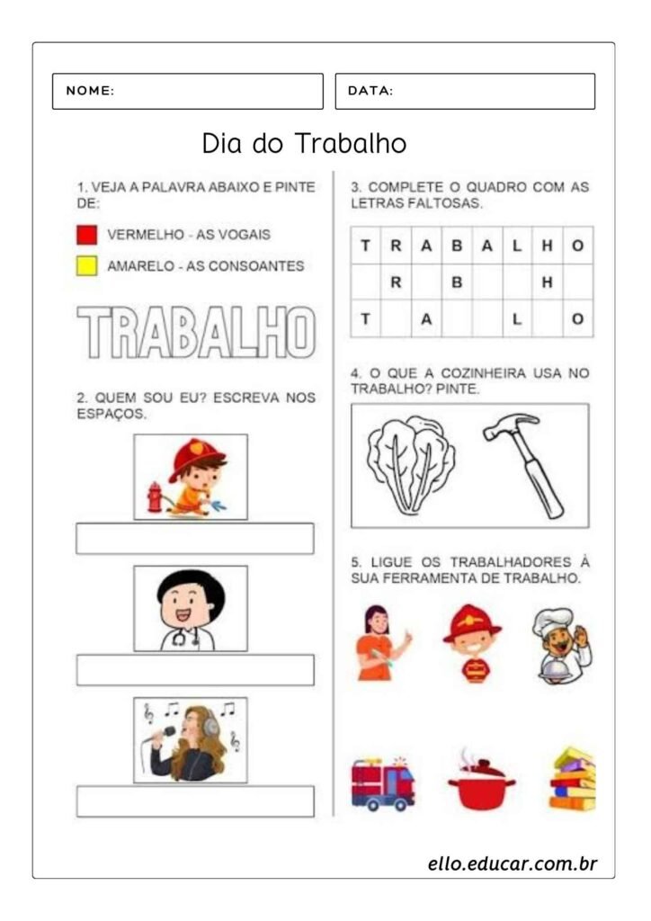 Atividades pedagógicas para o dia do trabalho.