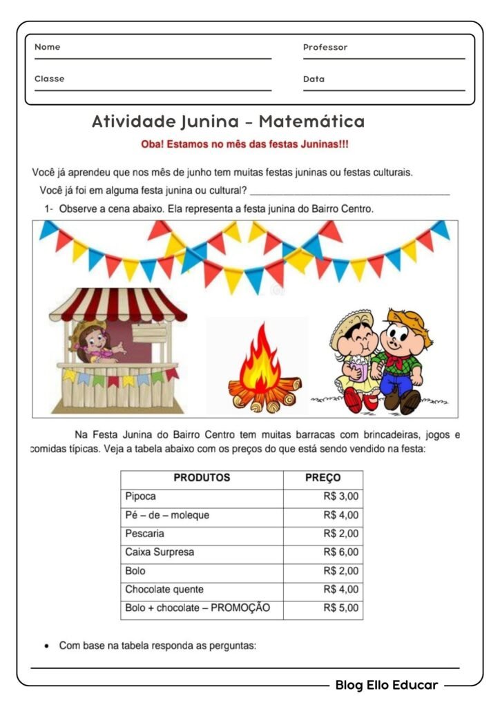 Atividade junina de matemática 4° ano