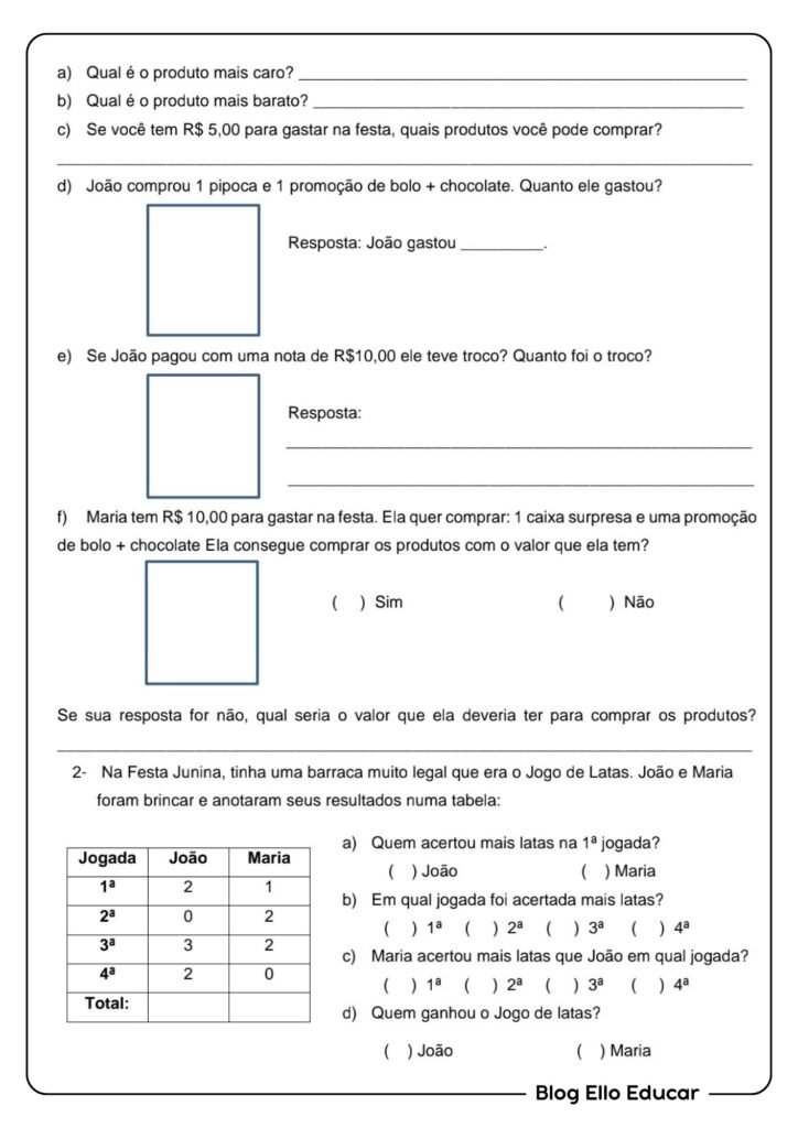 Atividade junina de matemática 4° ano