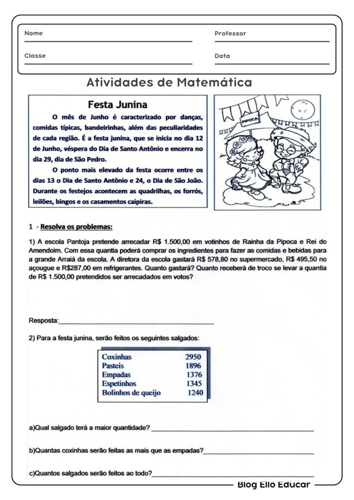 Atividade junina de matemática 5° ano