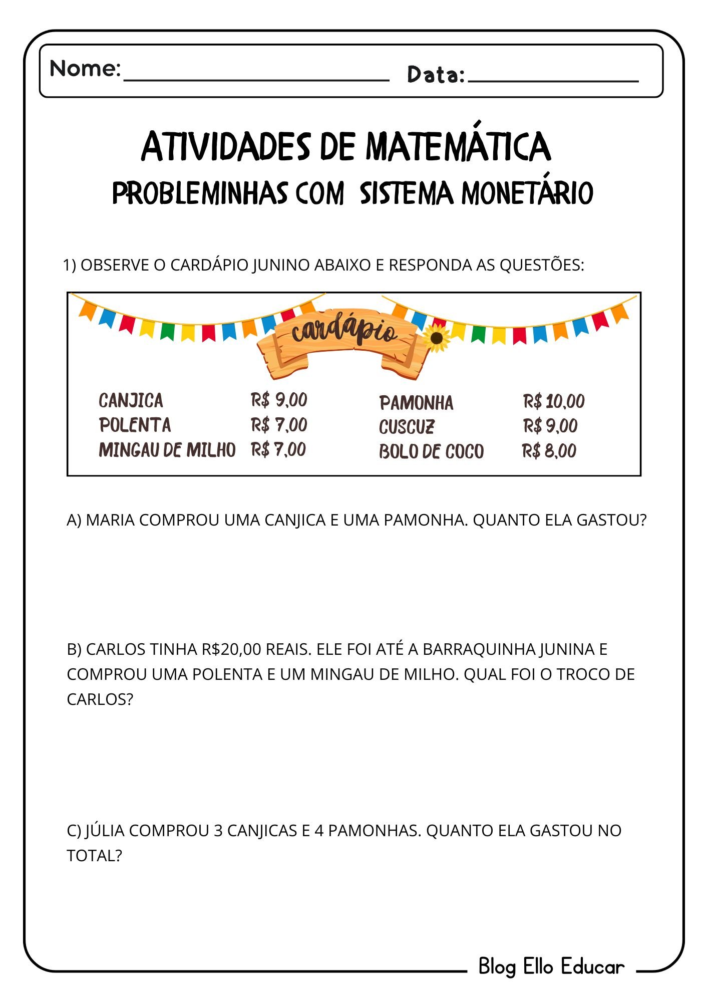 Atividades de matemática junina - 1° ano