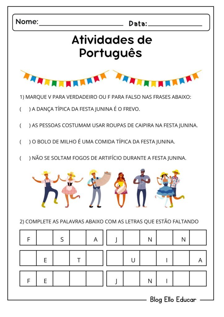 Atividades juninas de português para 1° ano