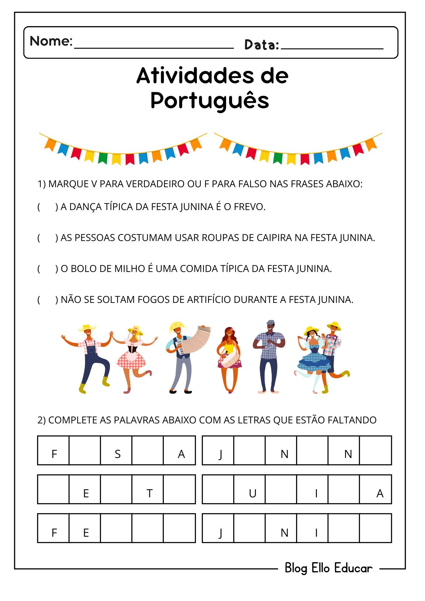 Atividades de Português sobre Festas Juninas para 1° Ano: Baixe Grátis