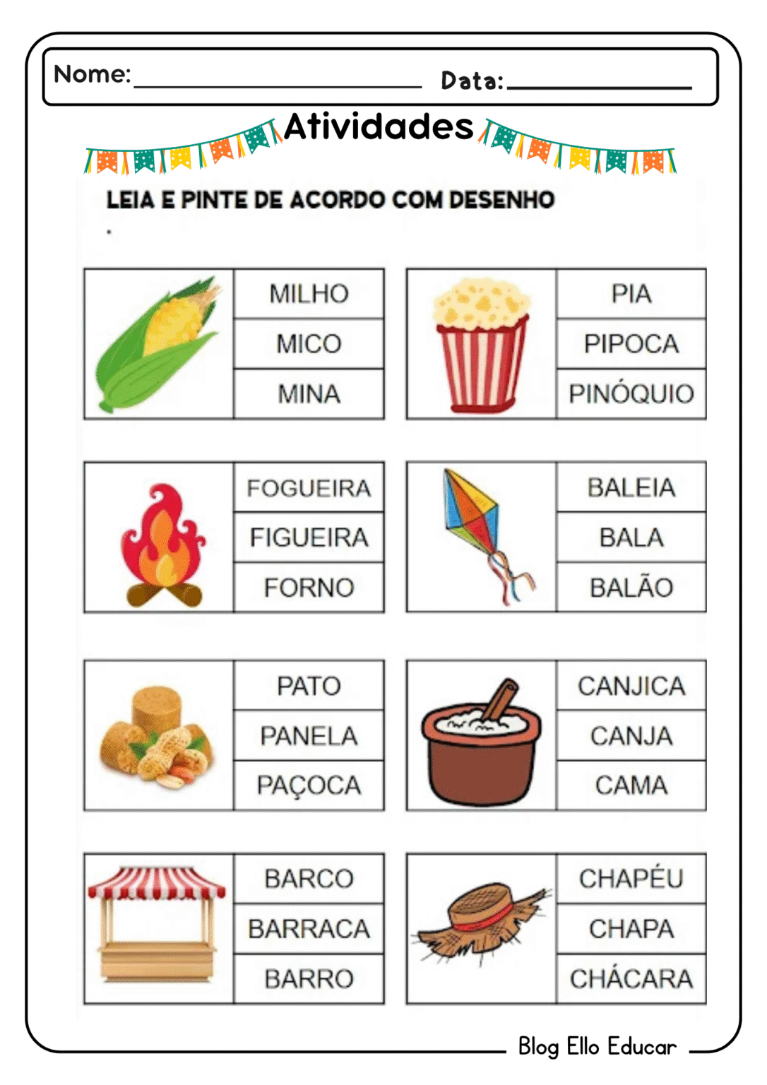 Atividades de Português sobre Festas Juninas para 1° Ano: Baixe Grátis