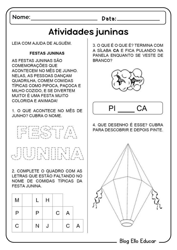 Atividades juninas de português para 1° ano