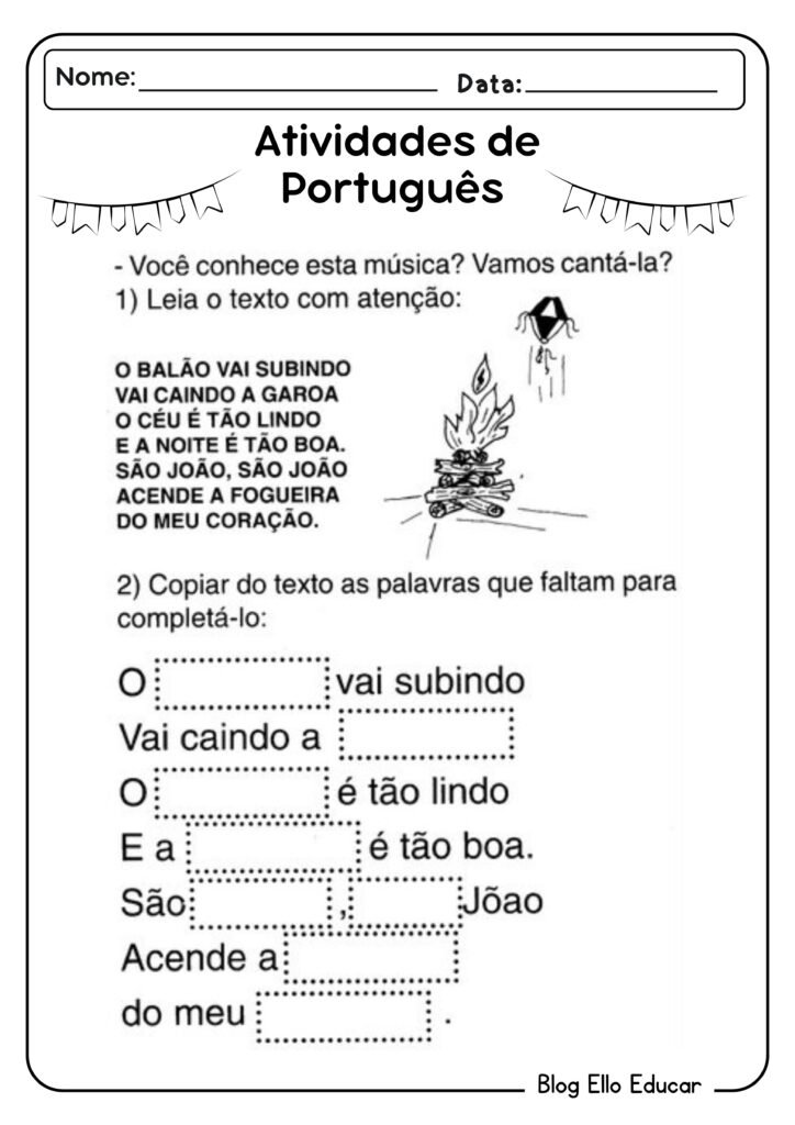 Atividades juninas de português para 1° ano
