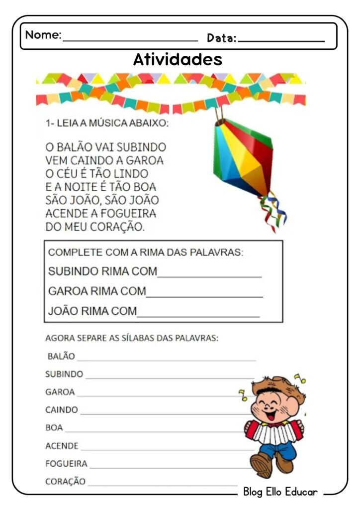 Atividades juninas de português para 1° ano