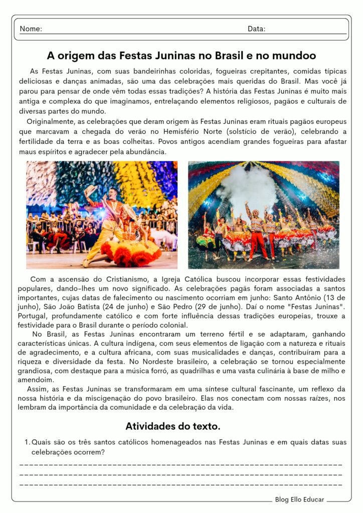 Atividades sobre festas juninas - 7° ano