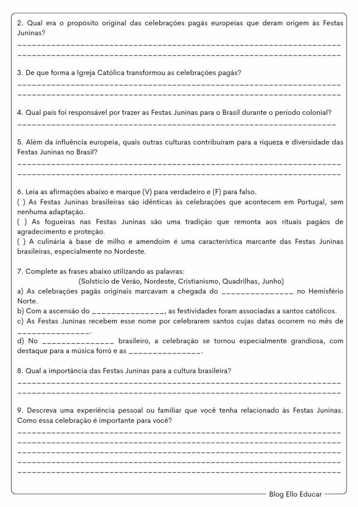 Atividades sobre festas juninas - 7° ano
