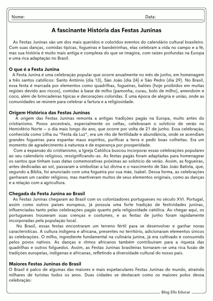 Atividades sobre festas juninas - 9° ano