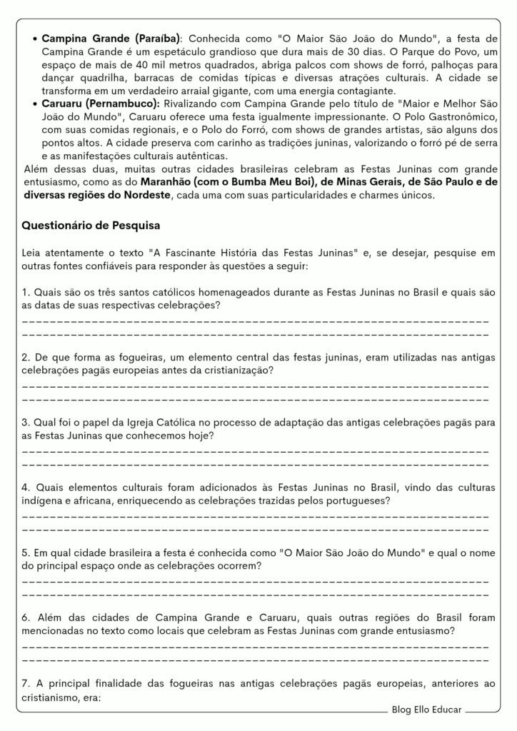Atividades sobre festas juninas - 9° ano
