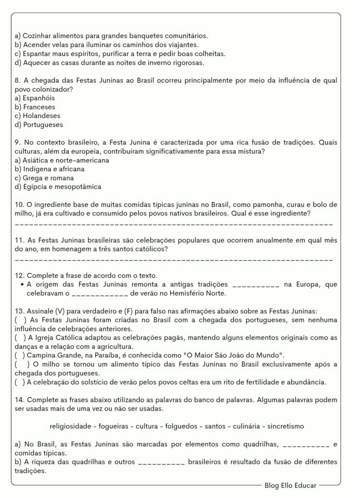 Atividades sobre festas juninas - 9° ano