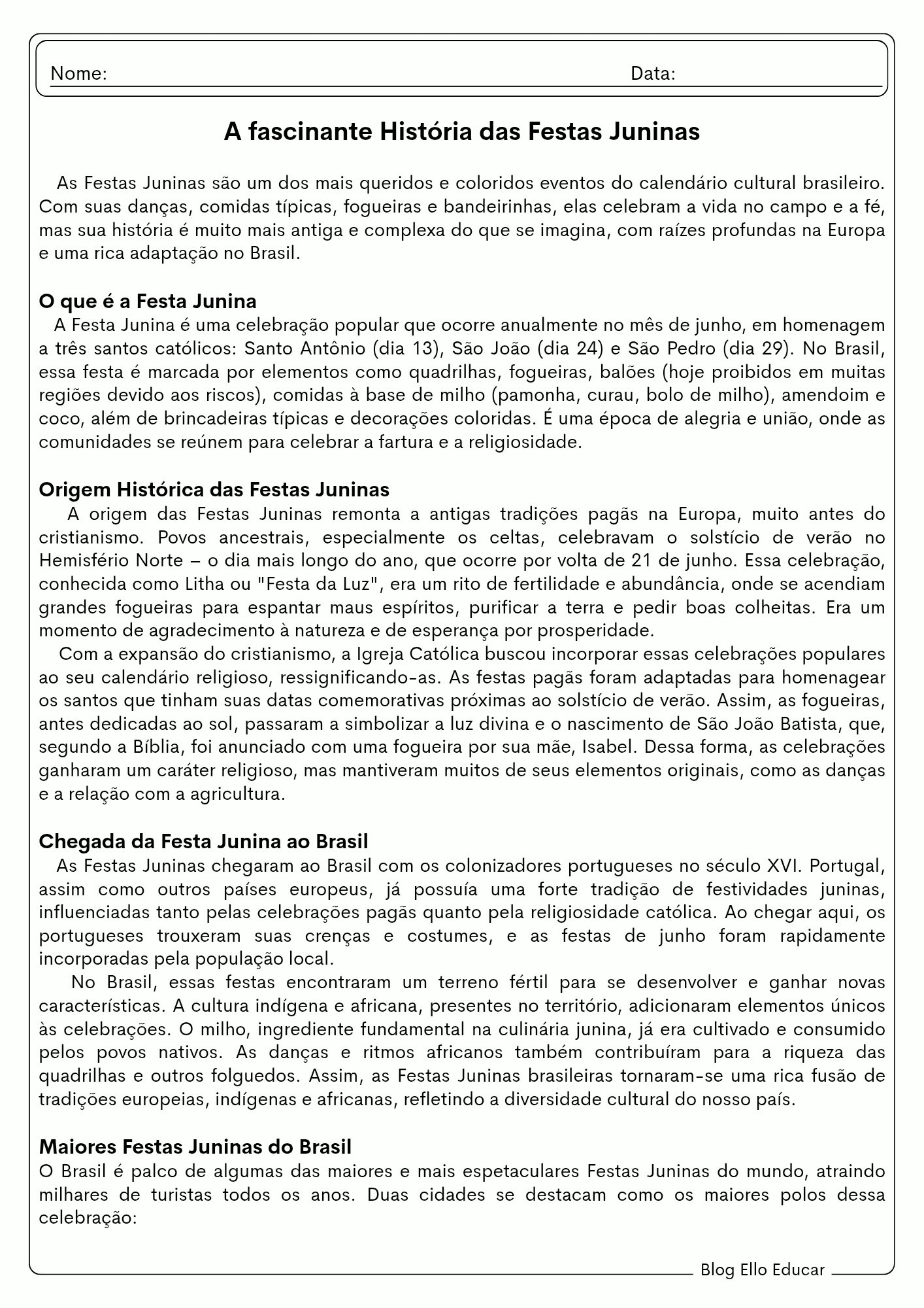 Atividades sobre festas juninas - 9° ano