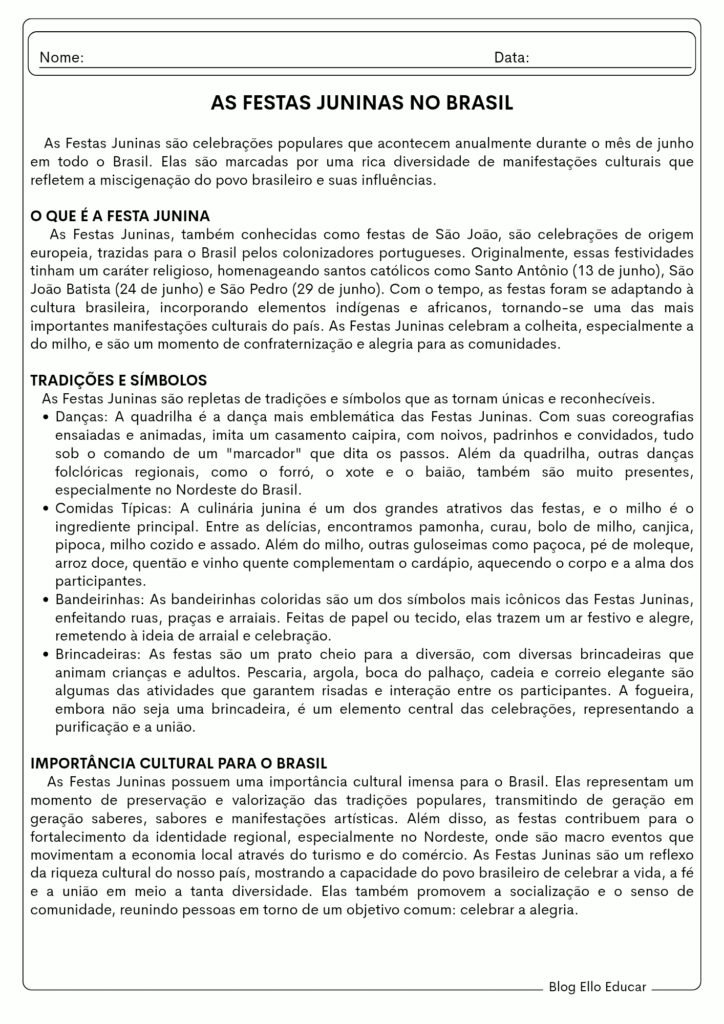 Atividades sobre festas juninas para 8° ano
