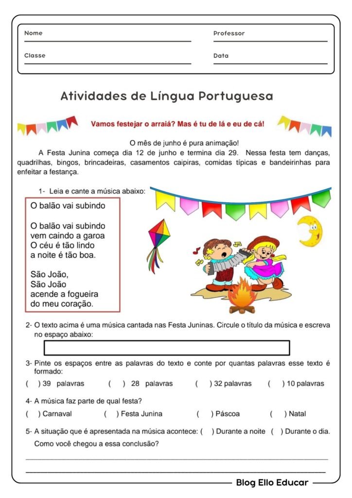 Atividades de Português sobre festa junina - 3° ano