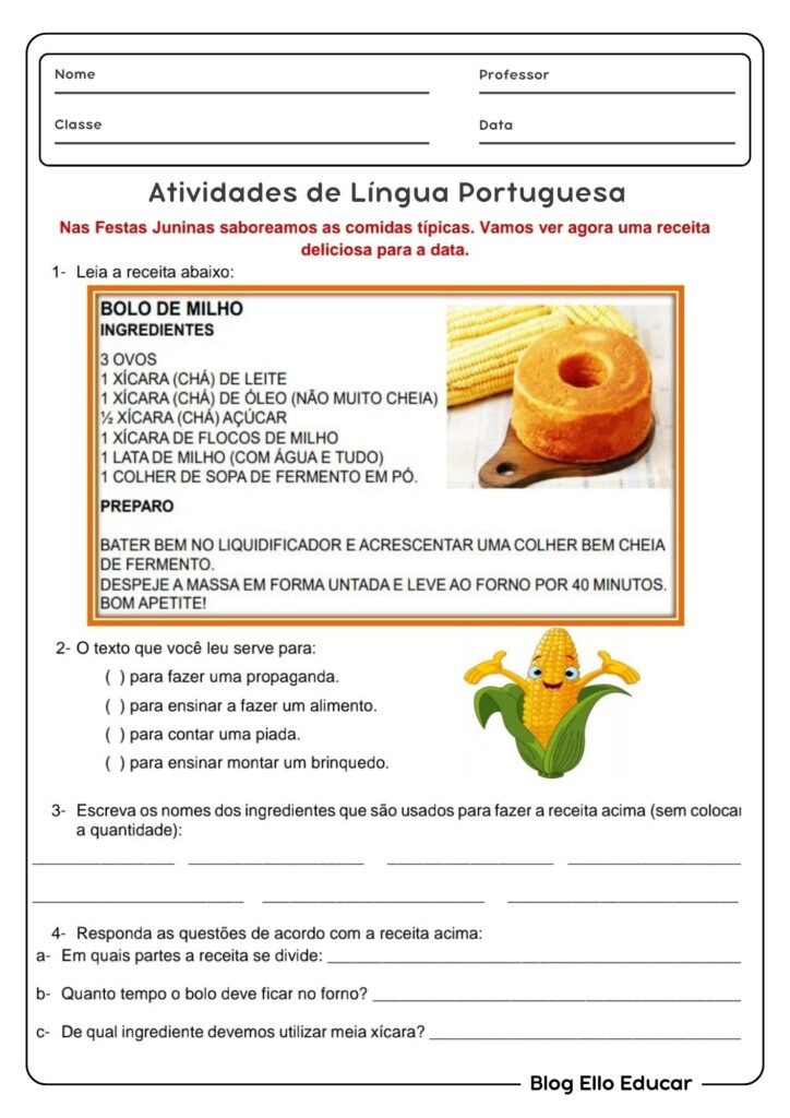 Atividades de Português sobre festa junina - 3° ano