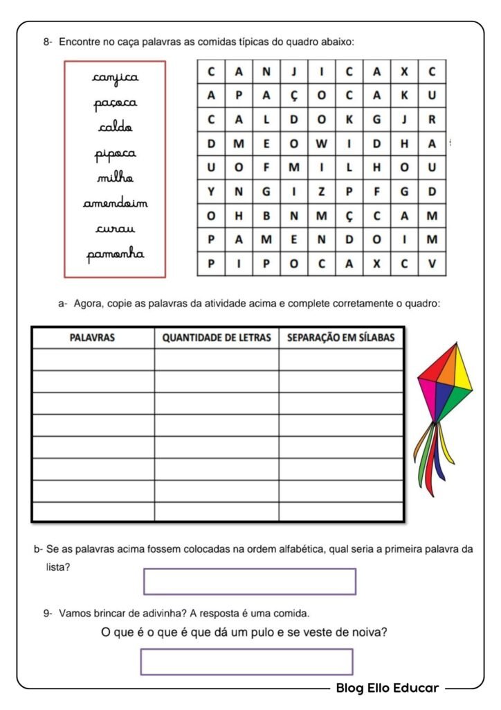 Atividades de Português sobre festa junina - 3° ano