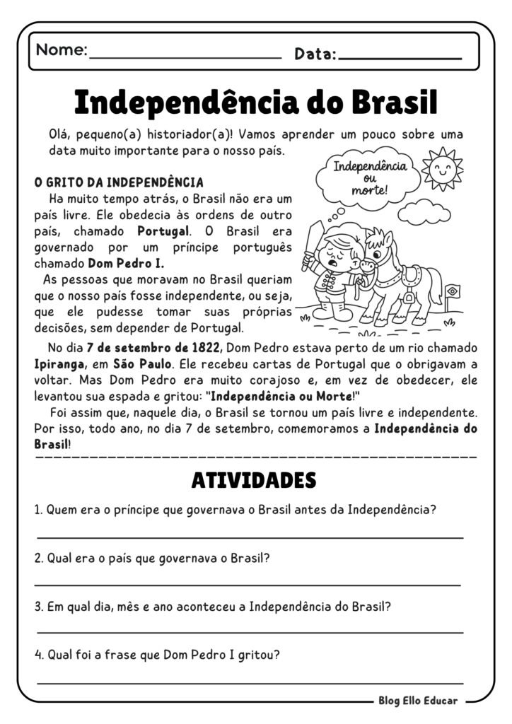 Atividades da Independência do Brasil para 3° ano