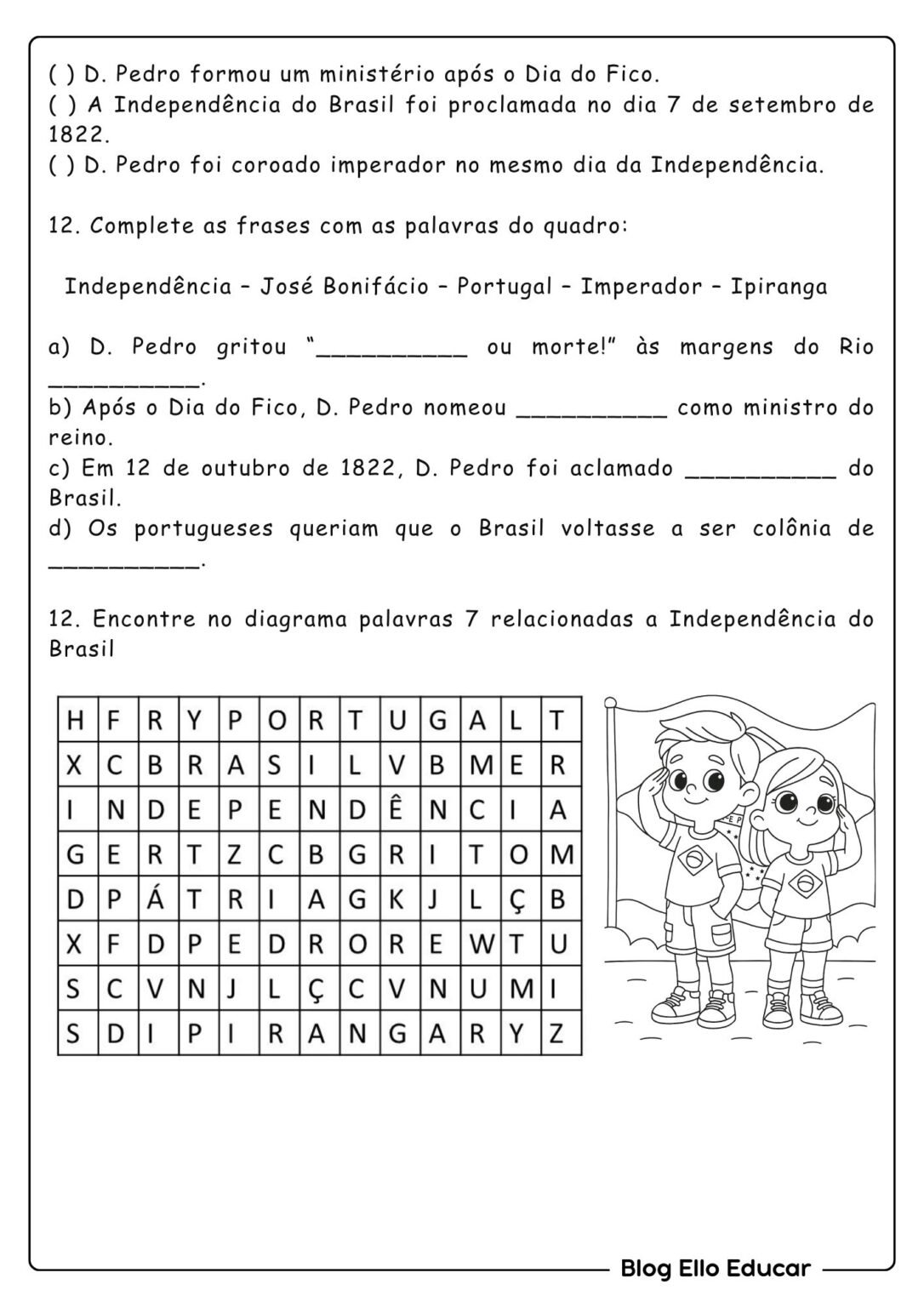 Atividades da Independência do Brasil para 4° ano com Gabarito e Plano ...