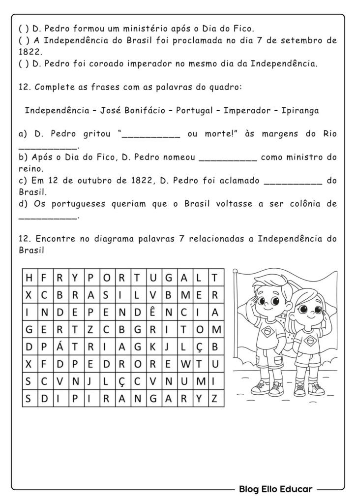 Atividades da Independência do Brasil para 4° ano