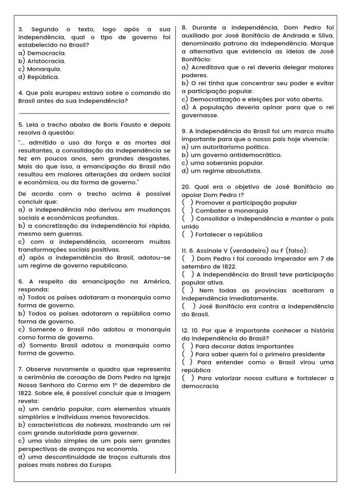 Atividades da Independência do Brasil para 6º e 7º ano