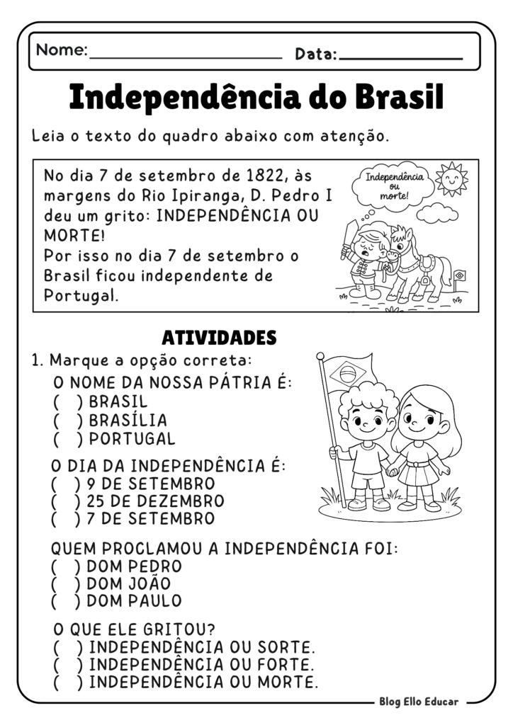 Atividades da Independência para 1° ano.
