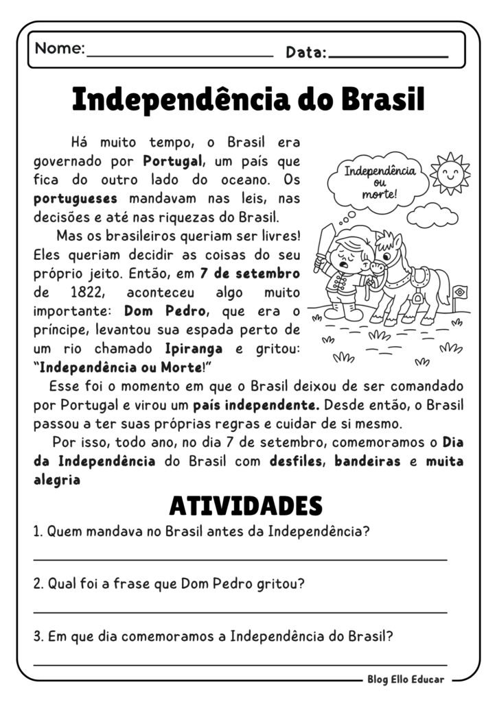 Atividades da Independência para 2° ano