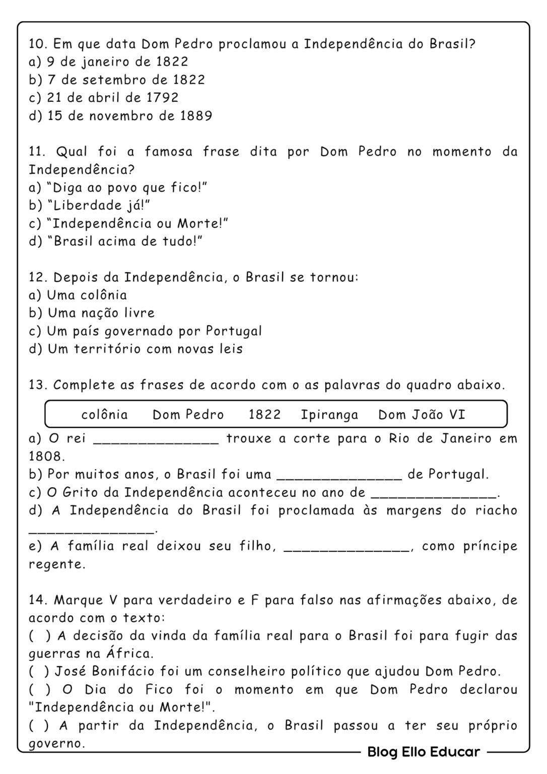Atividades da Independência do Brasil para o 5° ano com gabarito e ...
