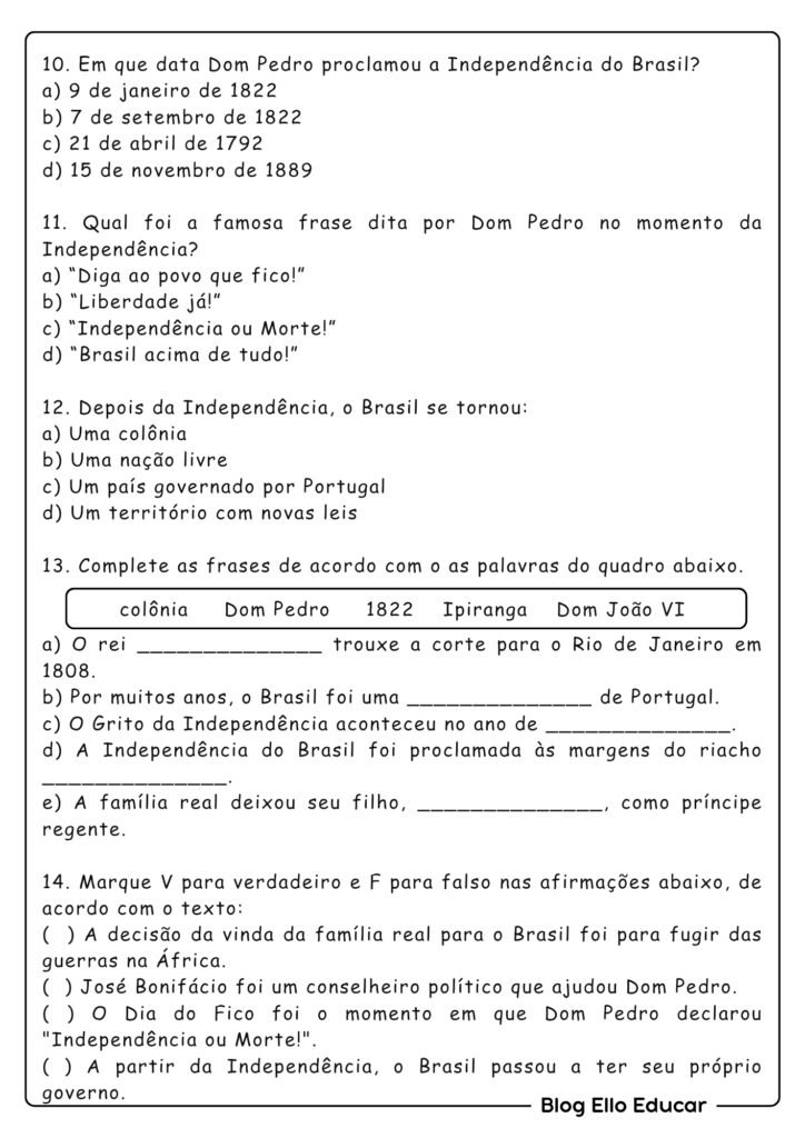 Atividades da Independência do Brasil para 5° ano