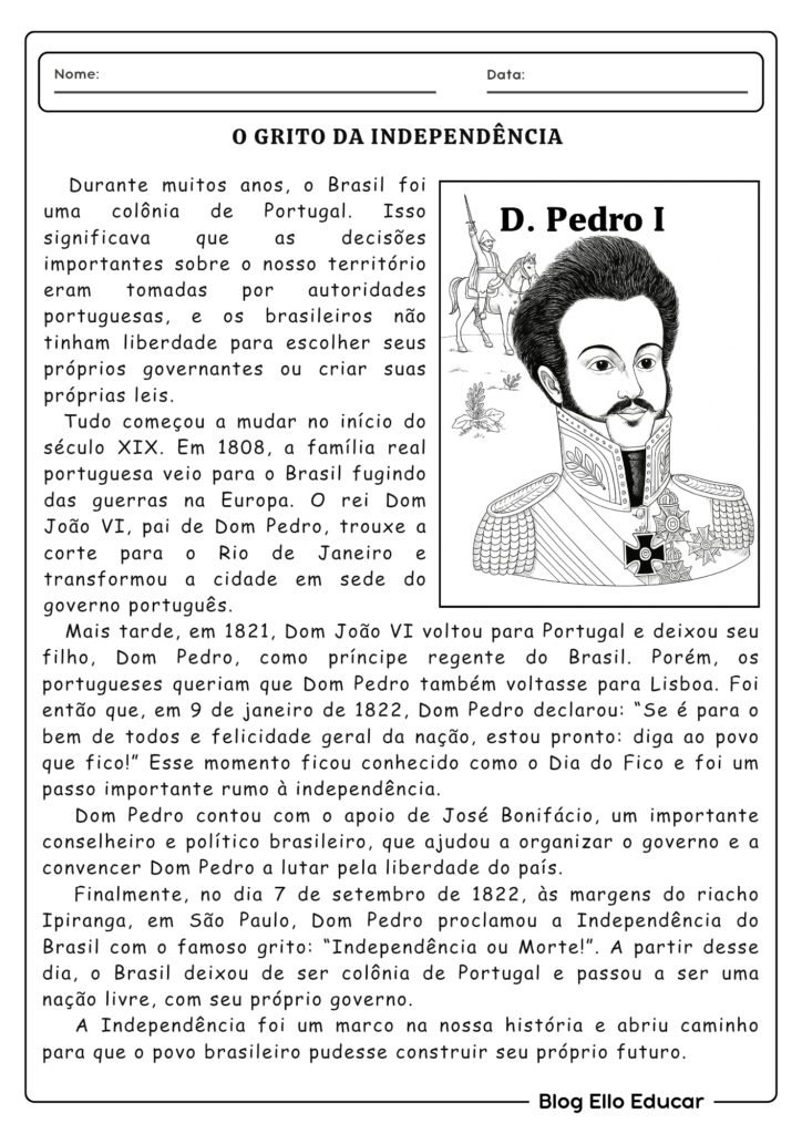 Atividades da Independência do Brasil para 5° ano