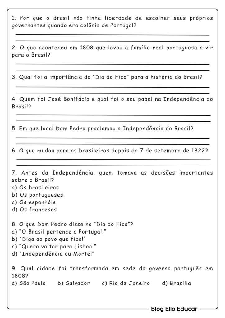 Atividades da Independência do Brasil para 5° ano