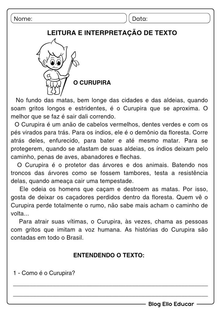 Atividades de leitura e interpretação de texto: O Curupira - 3° ano