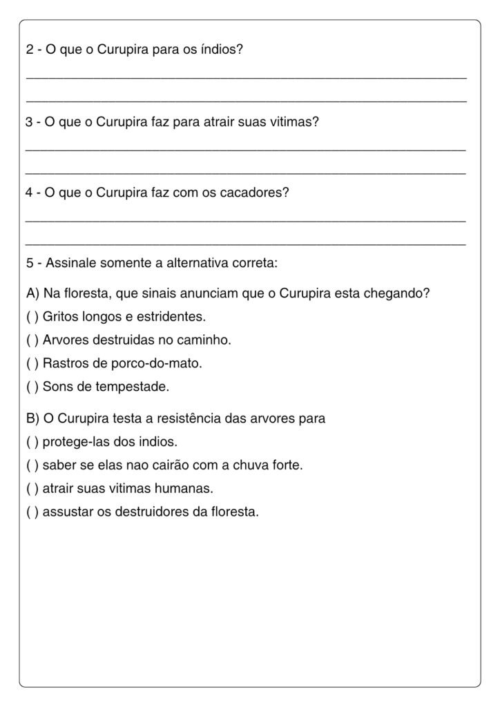 Atividades de leitura e interpretação de texto: O Curupira - 3° ano