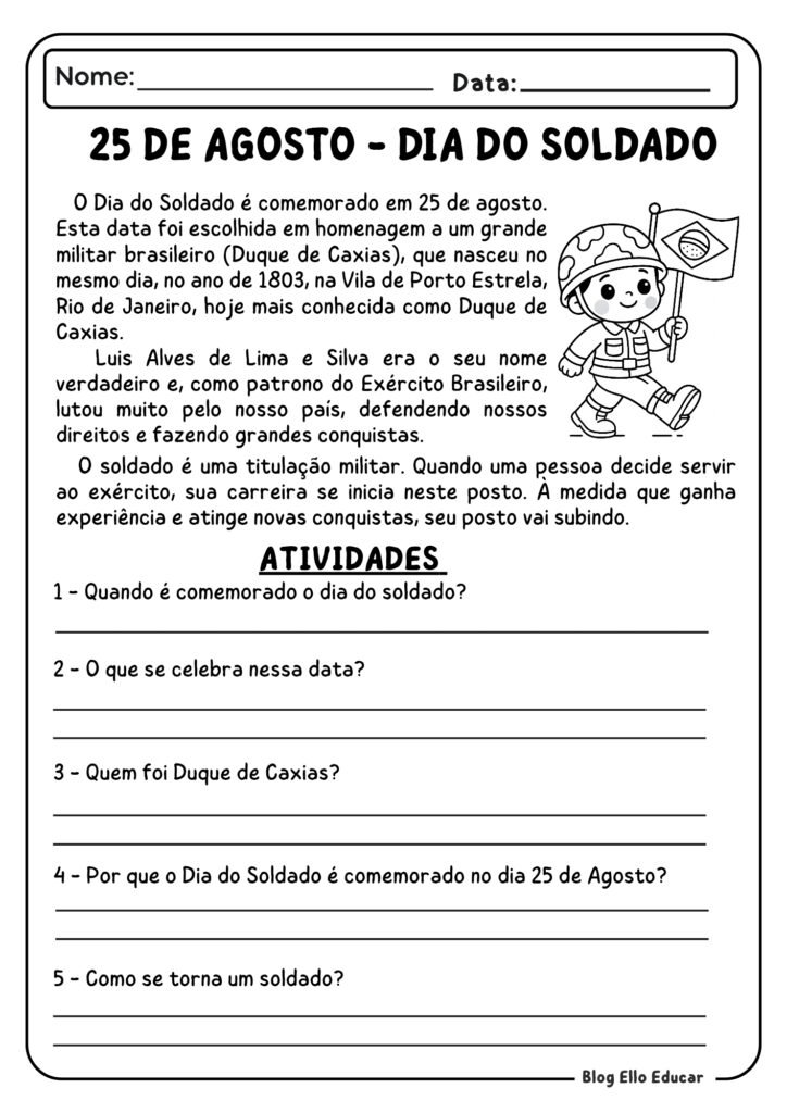 Atividades dia do Soldado 4° ano