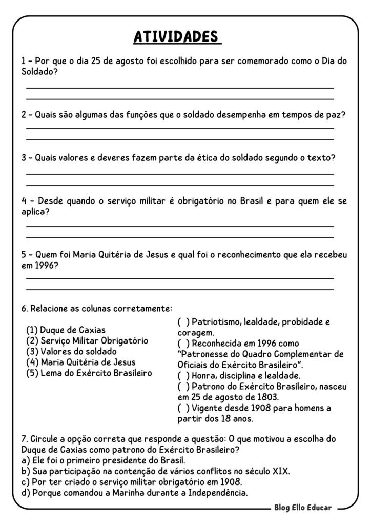 Atividades dia do Soldado 5° ano