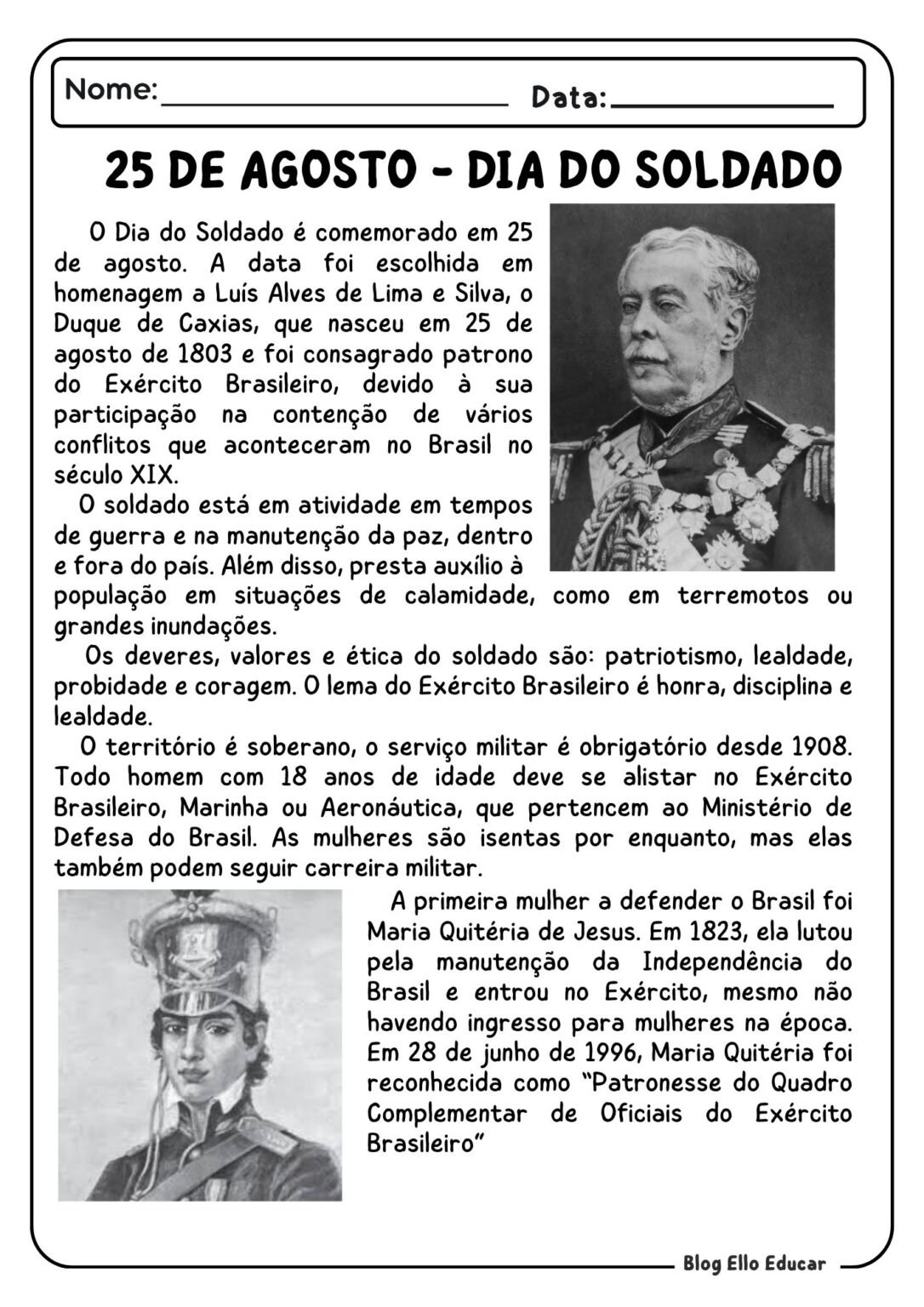 Plano de aula e atividades do Dia do Soldado para 5° Ano - Ello Educar