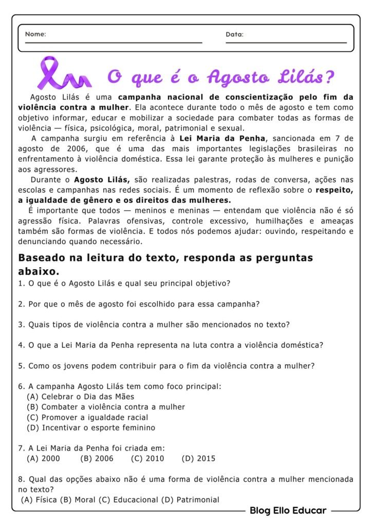 Atividades do Agosto Lilás para 6° e 7° ano