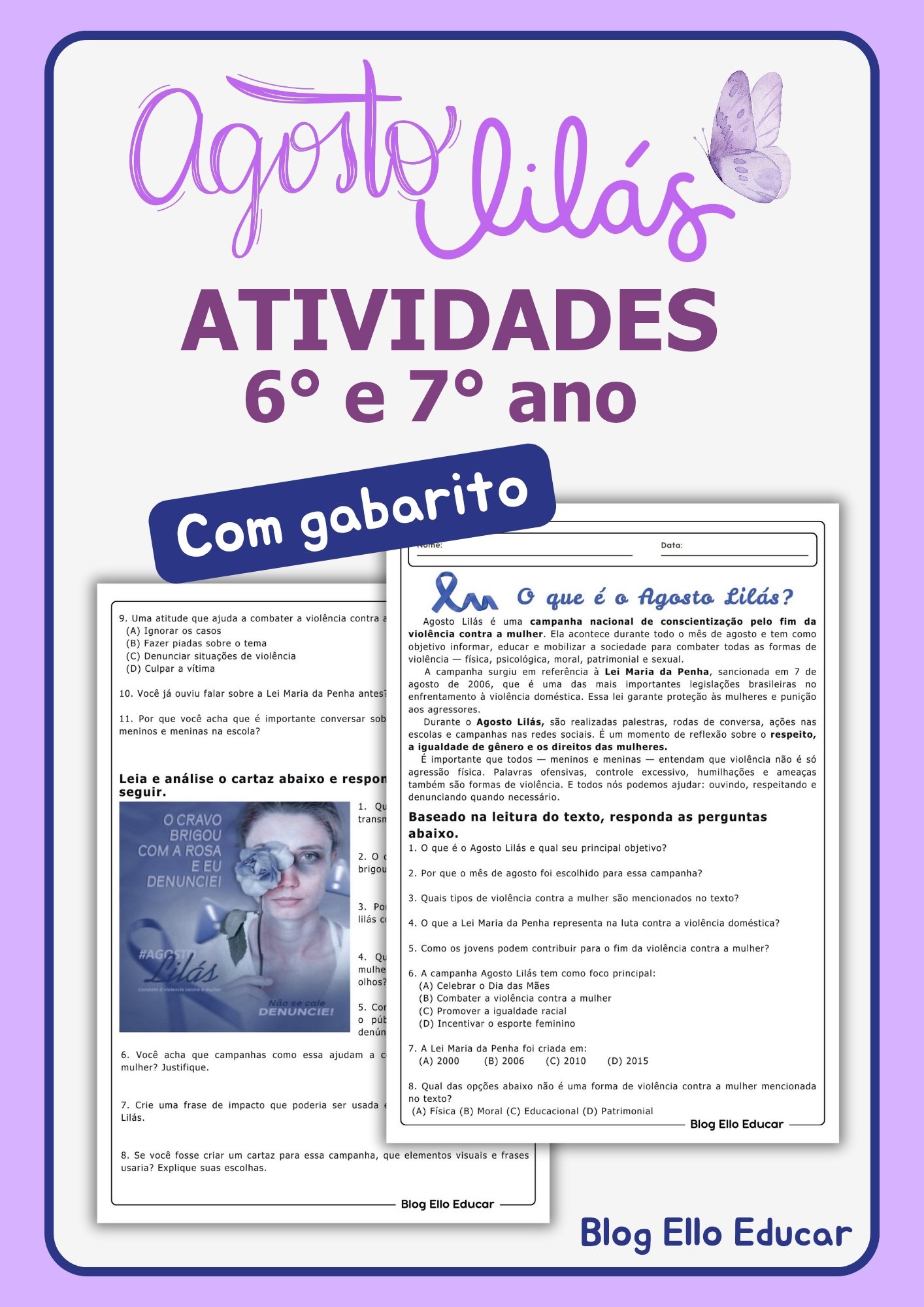 Atividades do Agosto Lilás para 6° e 7° ano