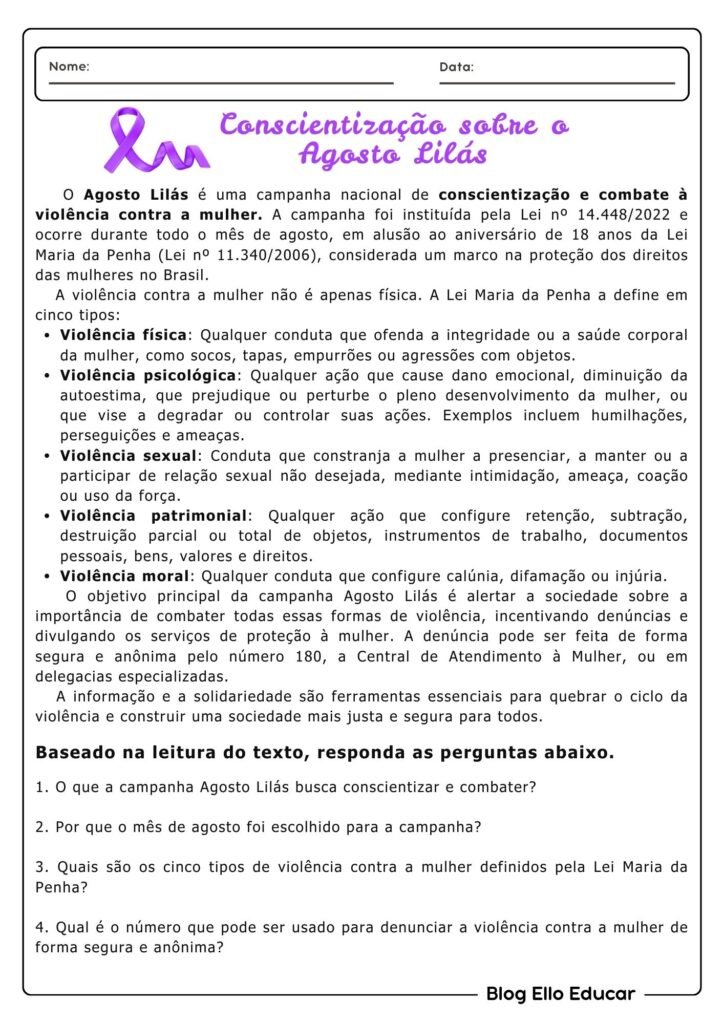 Atividades do Agosto Lilás para 8° e 9° ano