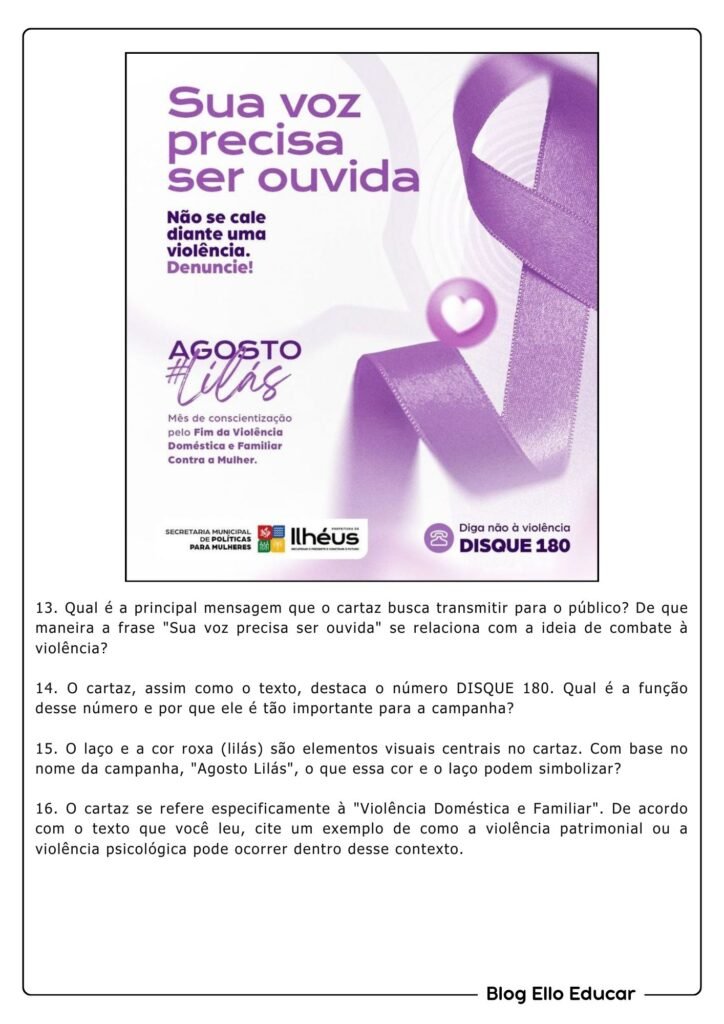 Atividades do Agosto Lilás para 8° e 9° ano