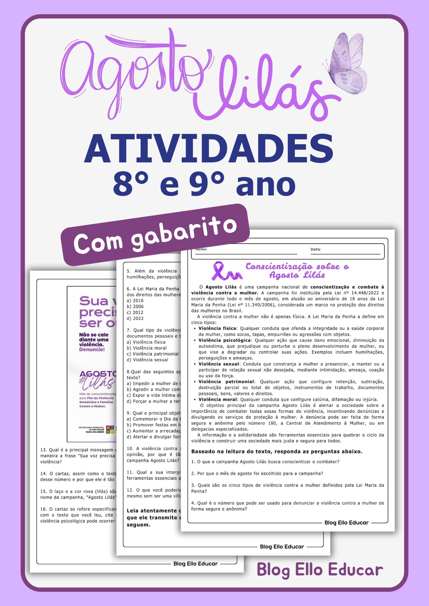 Atividades do Agosto Lilás para 8° e 9° ano