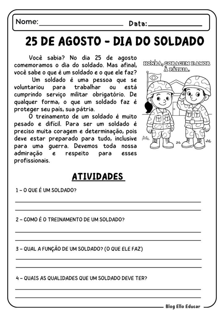 Atividades do Dia do Soldado para 3° ano