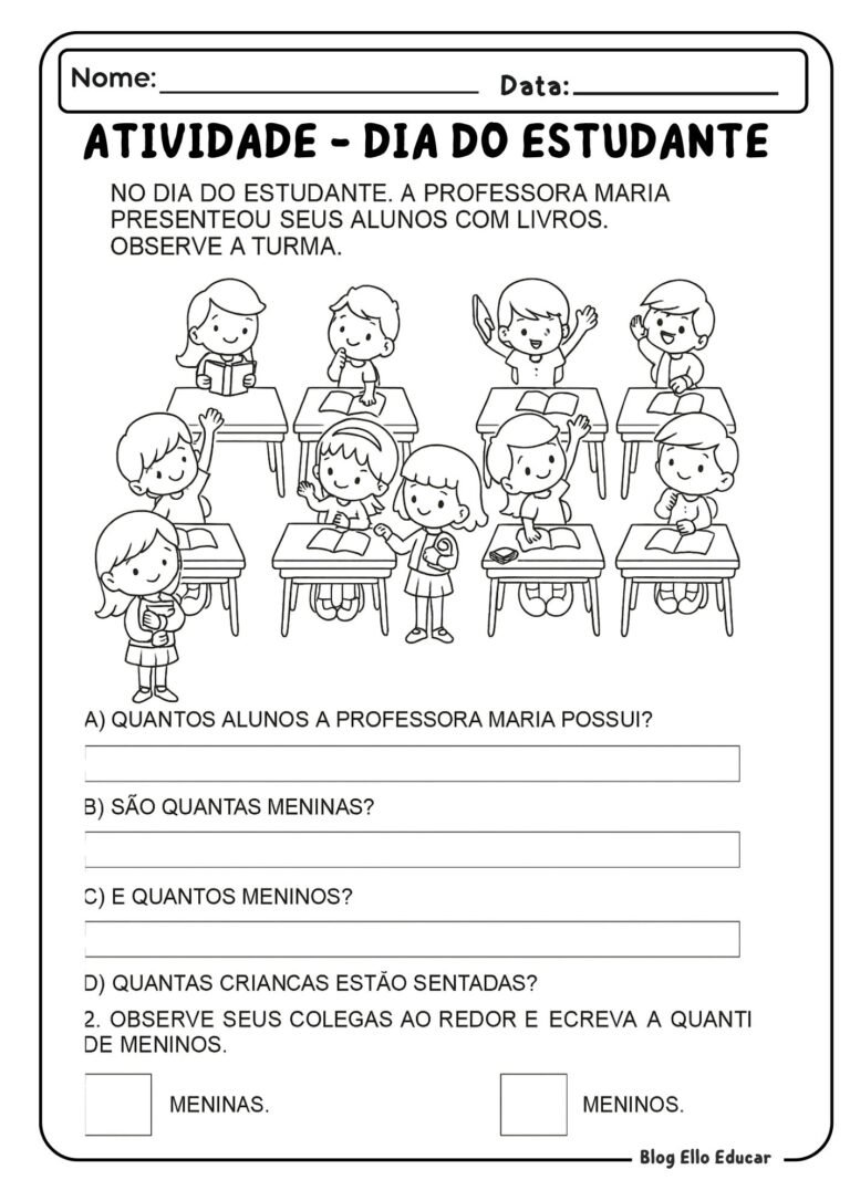 Atividades para o Dia do Estudante no 1° ano para imprimir grátis