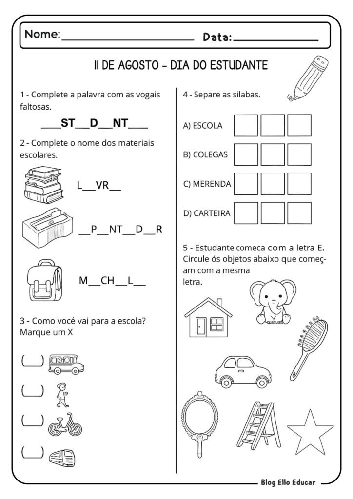 Atividades para o Dia do Estudante - 1° ano