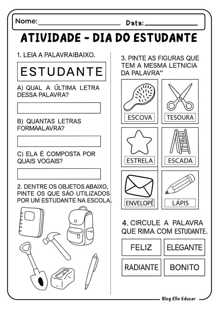 Atividades para o Dia do Estudante - 1° ano