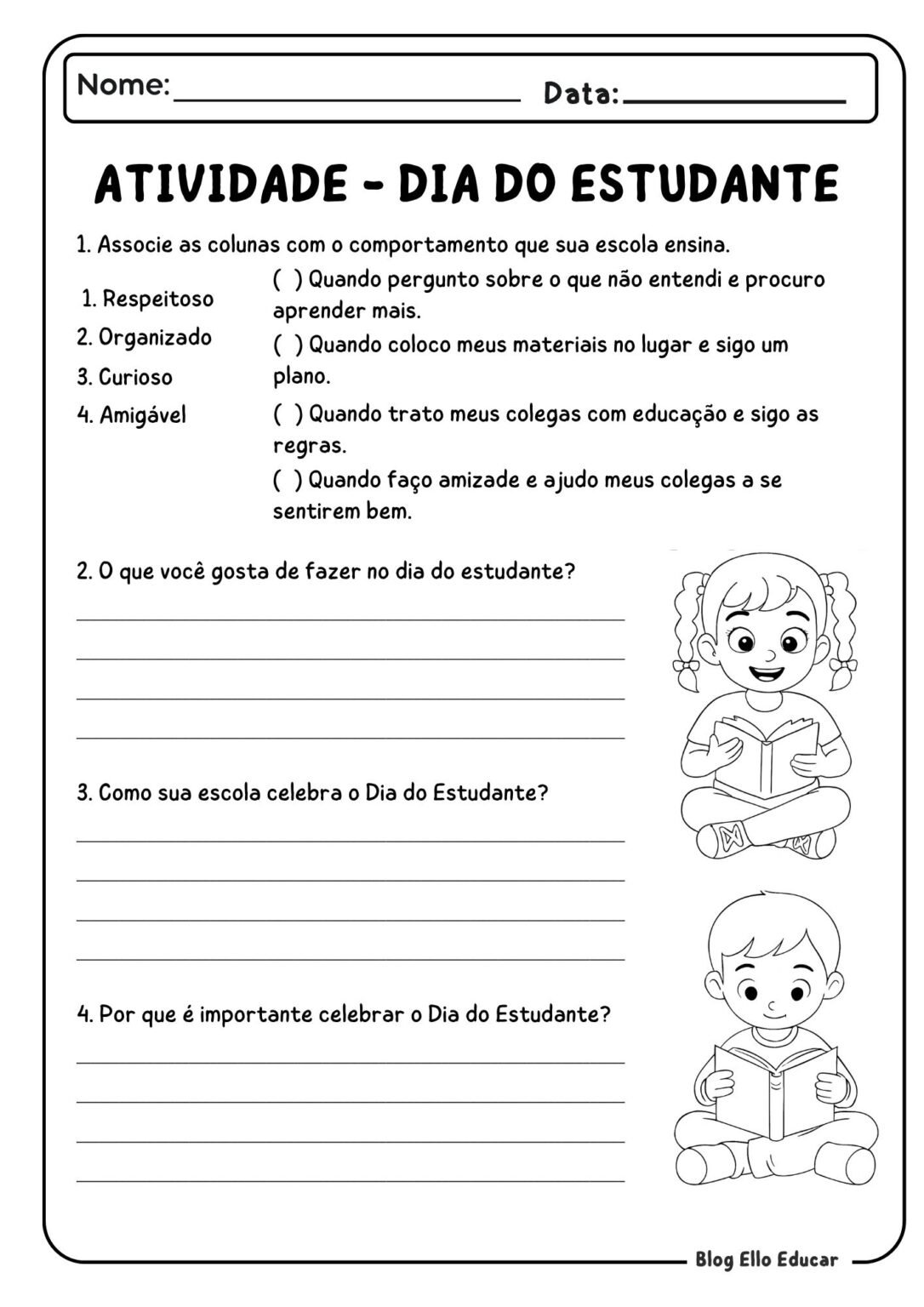 Atividades para o Dia do Estudante 2° e 3° ano para imprimir
